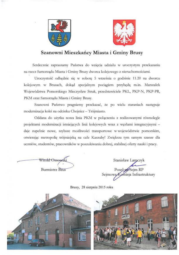 Przekazanie gminie Brusy dworca PKP w Brusach