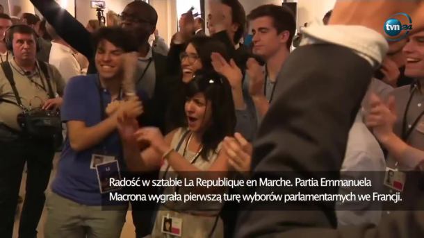 Radość w sztabie La Republique en Marche. Partia E. Macrona wygrywa, lewica przegrywa