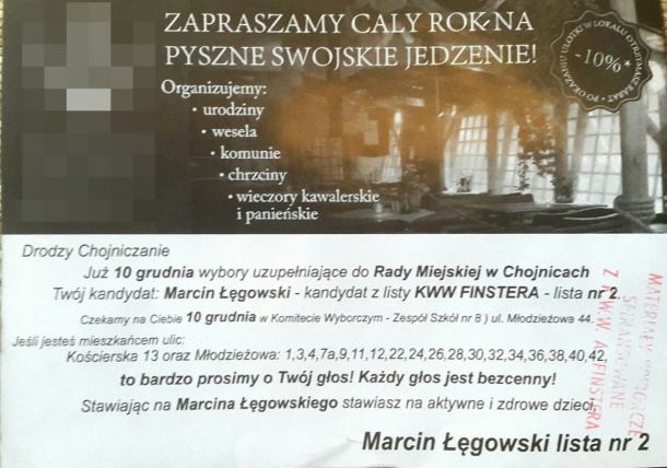 Ulotka wyborcza kandydata do Rady Miejskiej Chojnic znalazła się pod lupą Państwowej Komisji Wyborczej