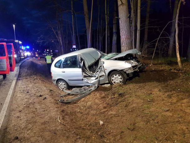 Ciecholewy. Samochód wypadł z drogi i uderzył w drzewo. Dwie osoby poszkodowane