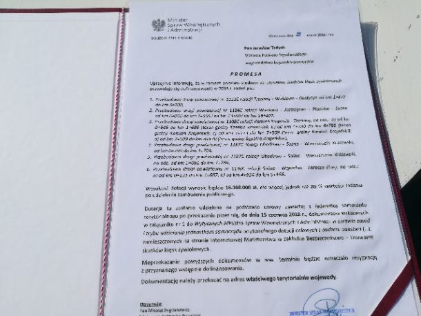16 milionów złotych dotacji na drogi dla powiatu sępoleńskiego
