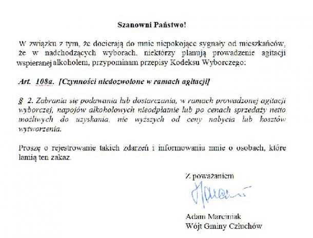 Ustępujący wójt gminy Człuchów Adam Marciniak przestrzega przed agitacją zakrapianą alkoholem