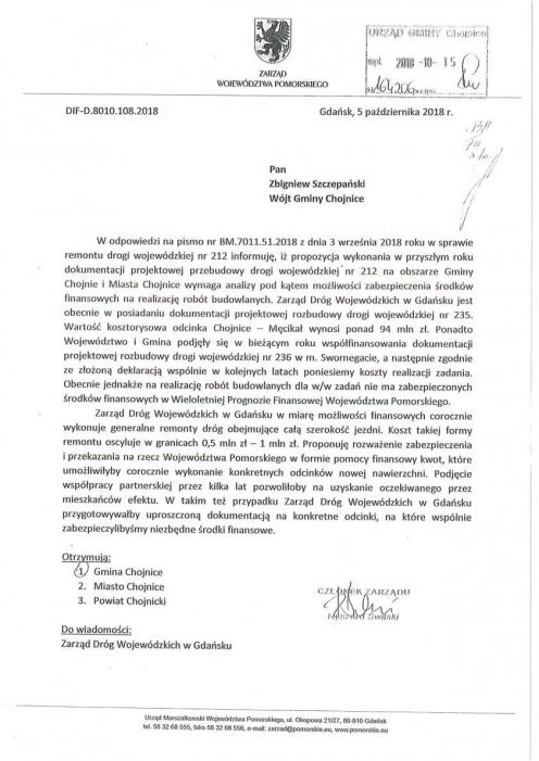 Jest odpowiedź na petycję mieszkańc&oacute;w gminy Chojnice w sprawie pilnego remontu drogi wojew&oacute;dzkiej nr 212