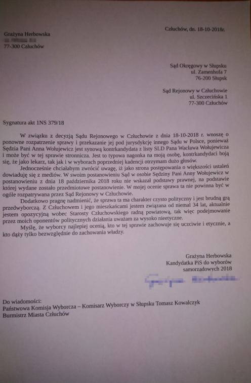 Komentarz radnej Herbowskiej na temat możliwego pozbawienia jej prawa wybieralności