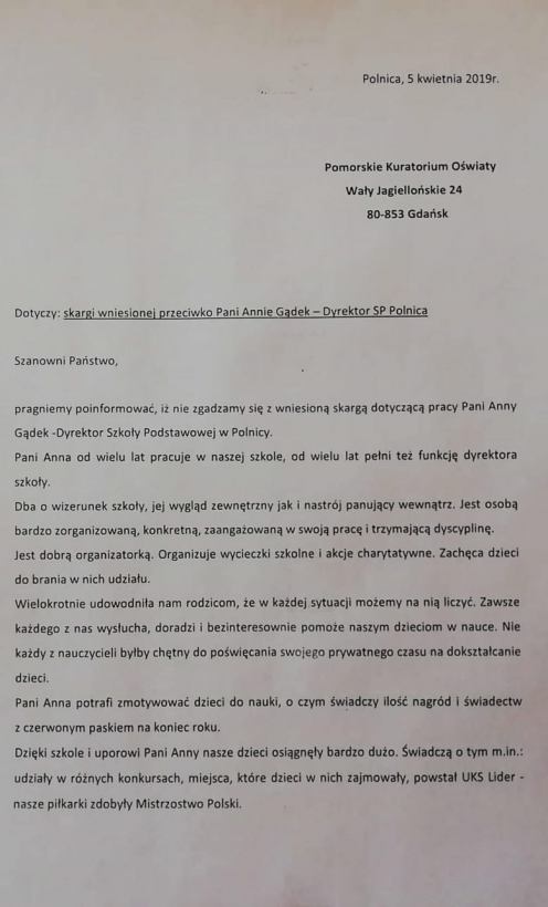 Rodzice stają w obronie dyrektor Szkoły Podstawowej w Polnicy