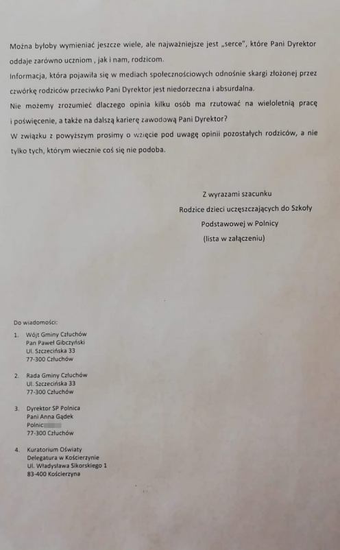 Rodzice stają w obronie dyrektor Szkoły Podstawowej w Polnicy