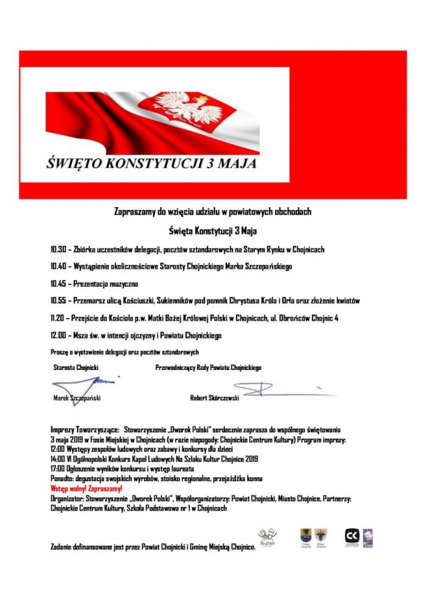 Powiatowe obchody Święta Konstytucji 3 Maja w Chojnicach. Zobacz program dzisiejszych uroczystości