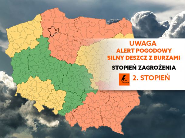 IMGW ostrzega przed silnym deszczem z burzami. Wydano alert pogodowy drugiego stopnia