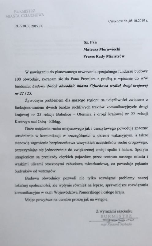 Burmistrz Człuchowa wnioskuje do premiera o budowę dw&oacute;ch dużych obwodnic miasta