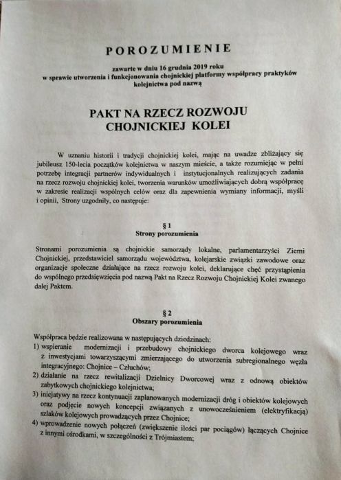 W chojnickim ratuszu podpisano dziś (16.12) "Pakt na rzecz rozwoju chojnickiej kolei"