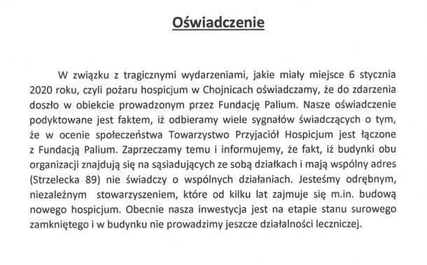 Towarzystwo Przyjaciół Hospicjum, sąsiadujące z fundacją Palium wydało oświadczenie. "Jesteśmy odrębnym stowarzyszeniem"