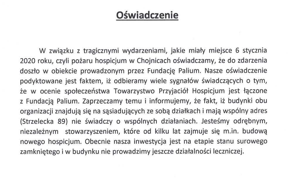Towarzystwo Przyjaciół Hospicjum, sąsiadujące z fundacją Palium wydało oświadczenie. Jesteśmy odrębnym stowarzyszeniem