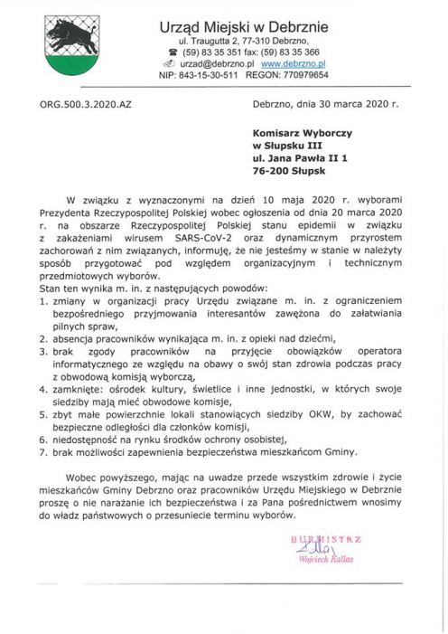 Burmistrz Debrzna Wojciech Kallas apeluje o przełożenie wybor&oacute;w prezydenckich