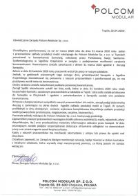 Zarząd Polcom Modular wydał oświadczenie w sprawie zakażonego koronawirusem pracownika z powiatu sępoleńskiego