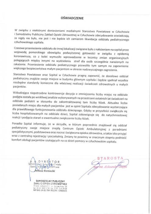 Dyrektor szpitala w Człuchowie i starosta człuchowski wydali wsp&oacute;lne oświadczenie w sprawie Oddziału Pediatrycznego