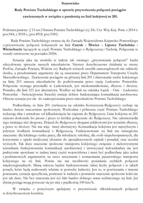 Rada Powiatu Tucholskiego apeluje do kujawsko-pomorskiego marszałka o przywr&oacute;cenie połączeń kolejowych na linii 201