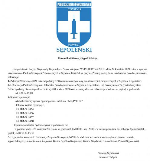 W środę 28 kwietnia rusza punkt szczepień powszechnych w Sęp&oacute;lnie Krajeńskim