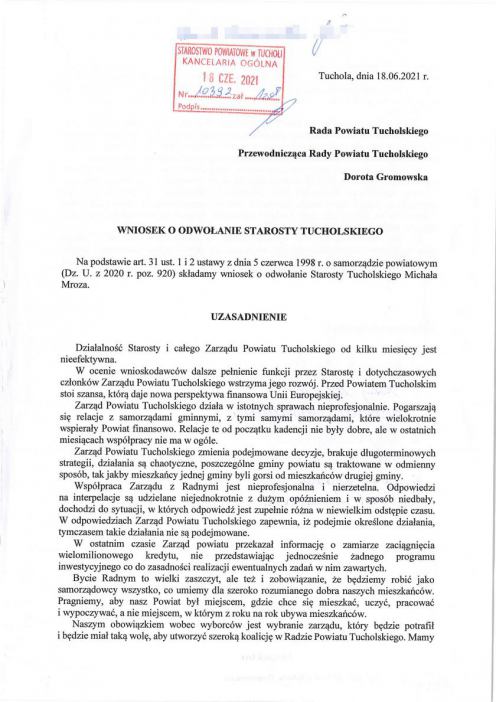 Grupa radnych powiatu tucholskiego chce odwołania starosty. Jest wniosek w tej sprawie