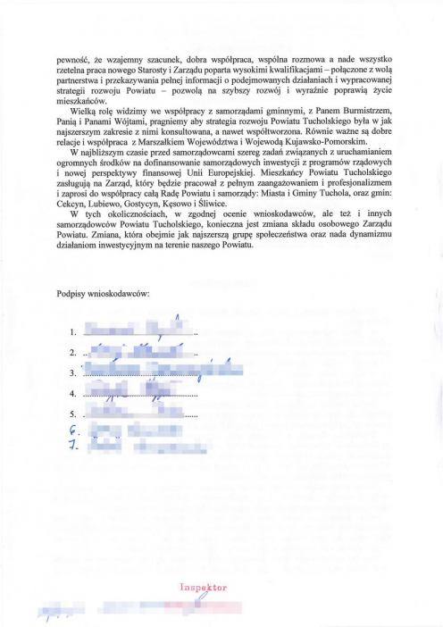 Grupa radnych powiatu tucholskiego chce odwołania starosty. Jest wniosek w tej sprawie