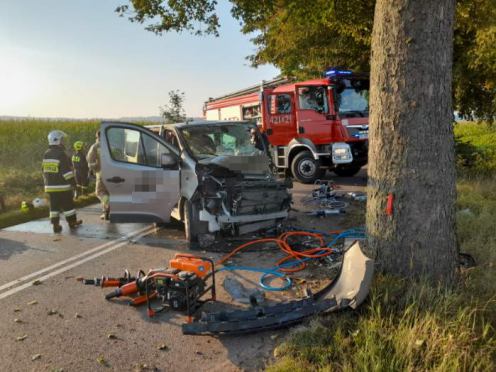 Samoch&oacute;d uderzył w drzewo na trasie z Przechlewa do Człuchowa. Kierowca trafił do szpitala (FOTO)