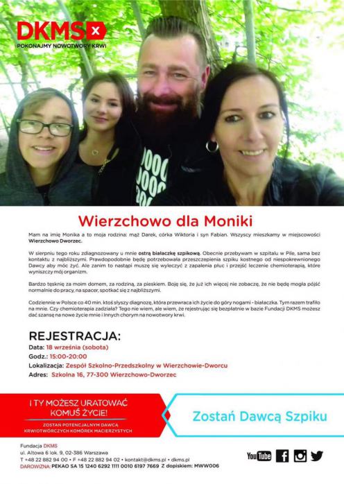 Pani Monika walczy o życie. Możemy jej pom&oacute;c w Chojnicach i Wierzchowie. Zarejestruj się w bazie Fundacji DKMS