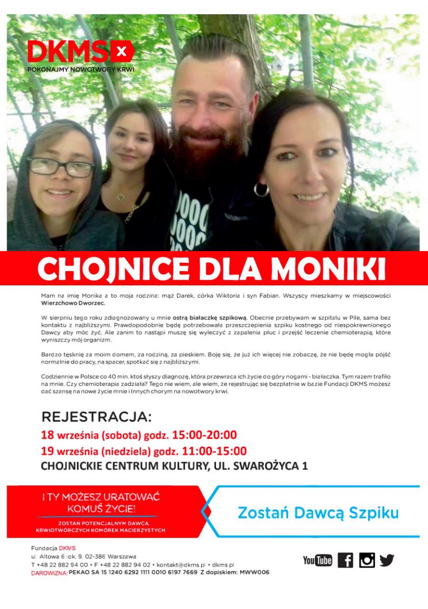 Pani Monika walczy o życie. Możemy jej pomóc w Chojnicach i Wierzchowie. Zarejestruj się w bazie Fundacji DKMS