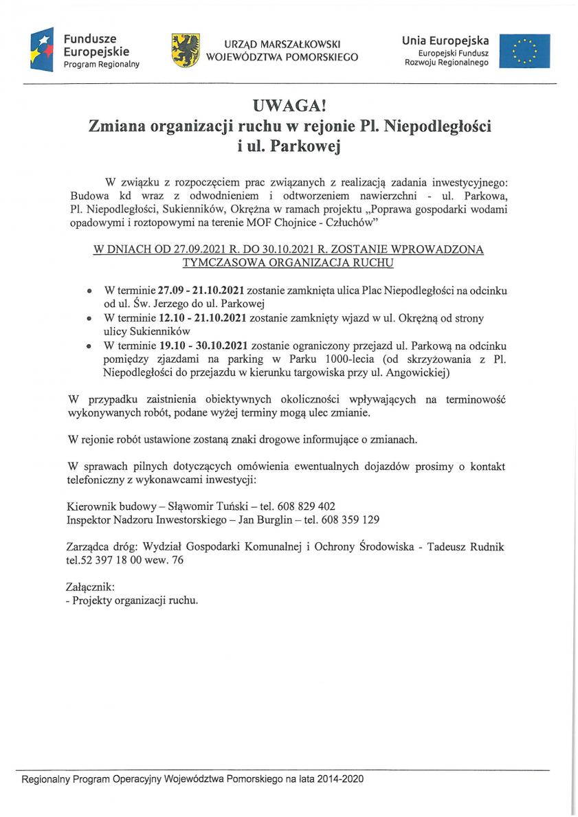 Uwaga! Zmiana organizacji ruchu w rejonie Pl. Niepodległości i ul. Parkowej AKTUALIZACJA