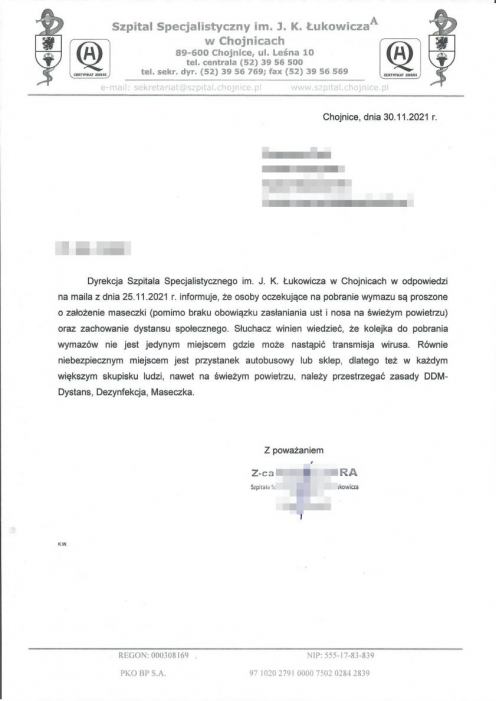 Zdrowi i potencjalnie zakażeni w jednej kolejce po wymaz. Dyrekcja szpitala w Chojnicach: zakazić się można i w sklepie