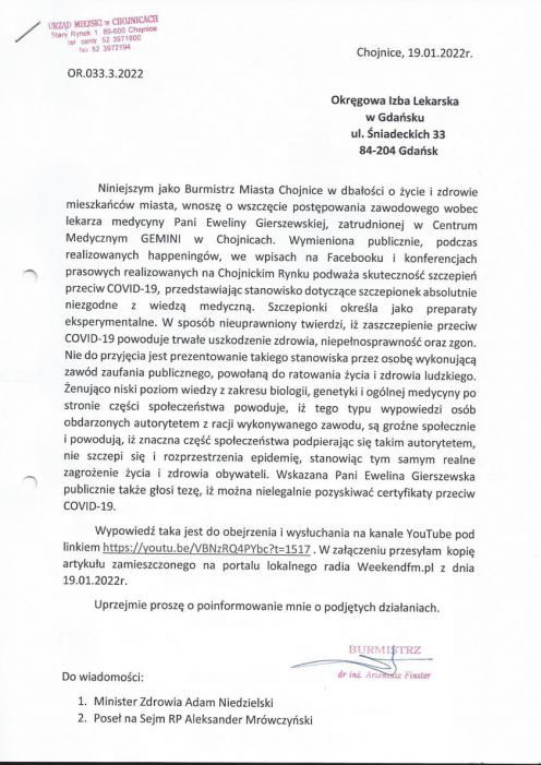 Burmistrz Chojnic chce konsekwencji wobec lekarki Eweliny Gierszewskiej, kt&oacute;ra nazywa szczepionki "eksperymentalnym preparatem"