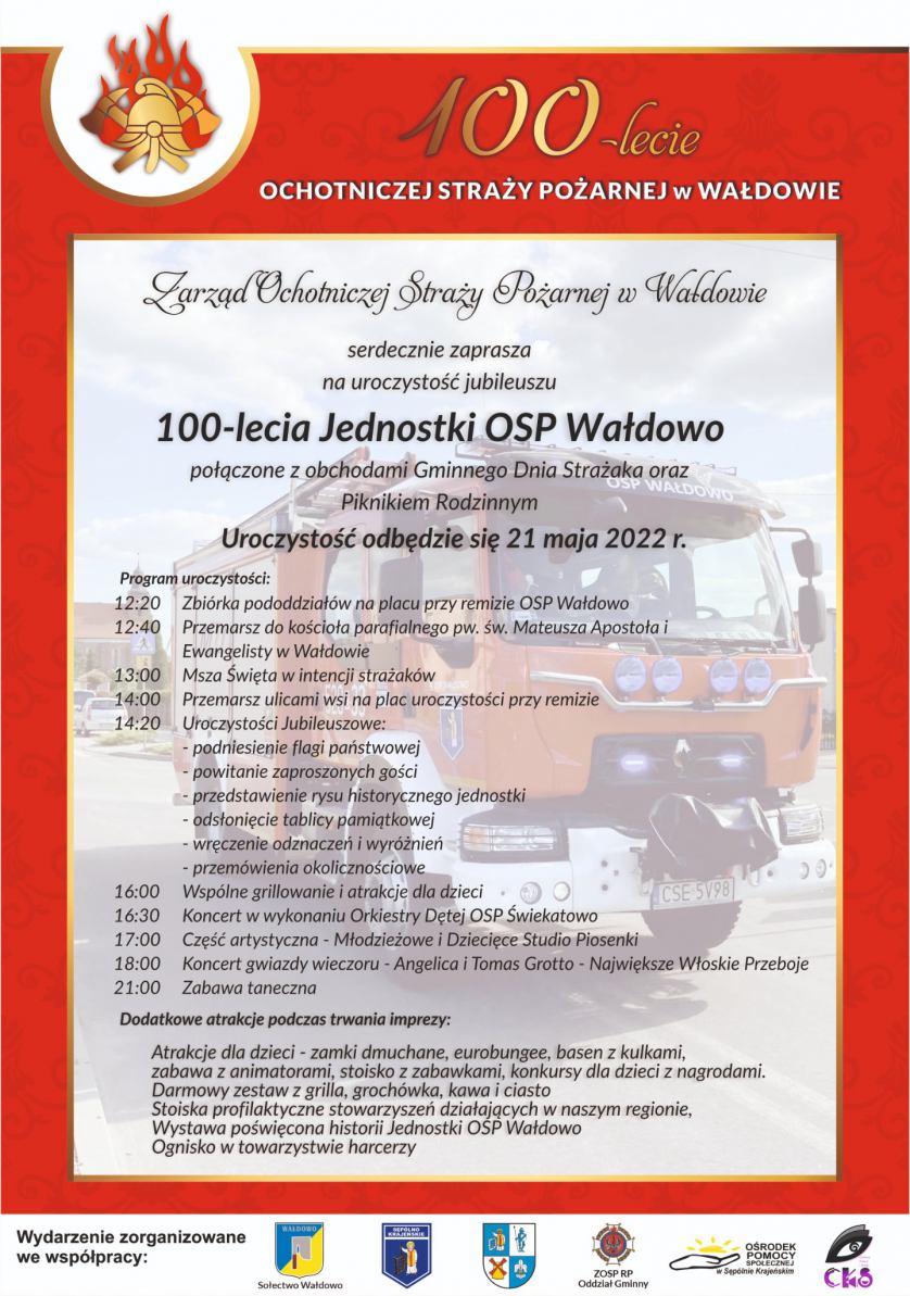 100-lecie istnienia obchodzi dziś 21.05 Ochotnicza Straż Pożarna w Wałdowie