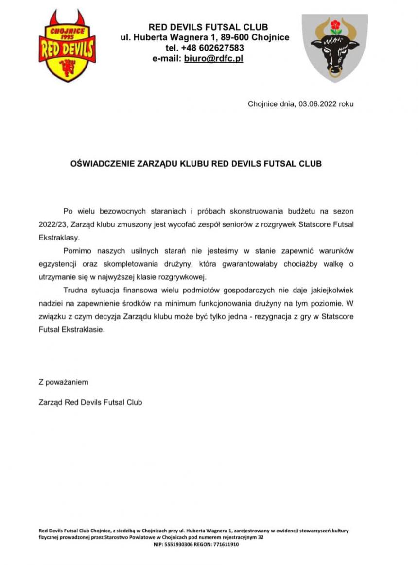 Czy to koniec Futsal Ekstraklasy dla Chojnic? Zarząd Red Devils podjął decyzję o wycofaniu zespołu z rozgrywek