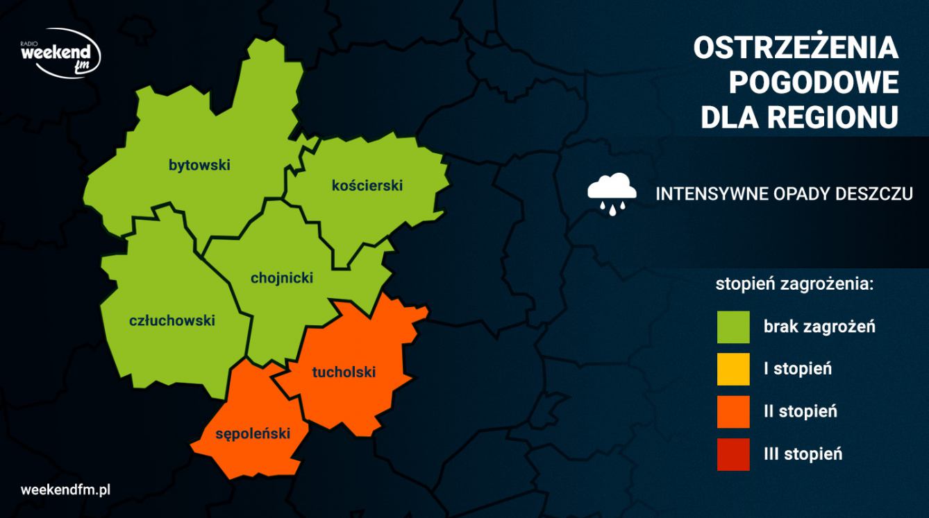 IMGW ostrzega przed intensywnymi opadami deszczu. W powiatach sępoleńskim i tucholskim alert drugiego stopnia