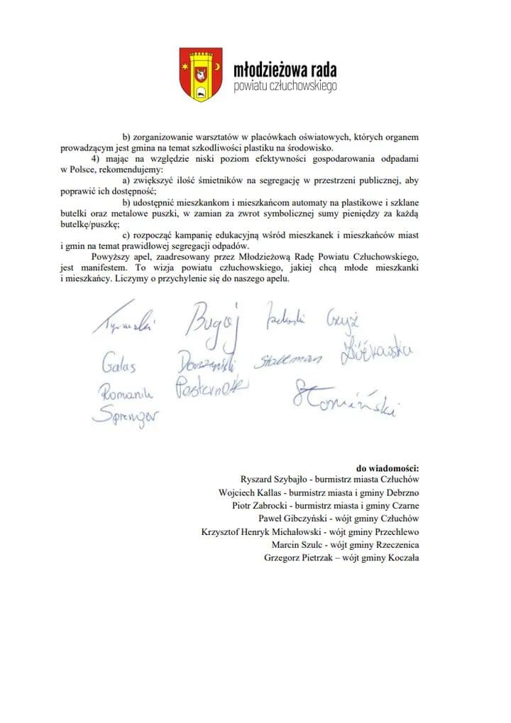 Młodzieżowa Rada Powiatu Człuchowskiego wystosowała apel do wójtów i burmistrzów
