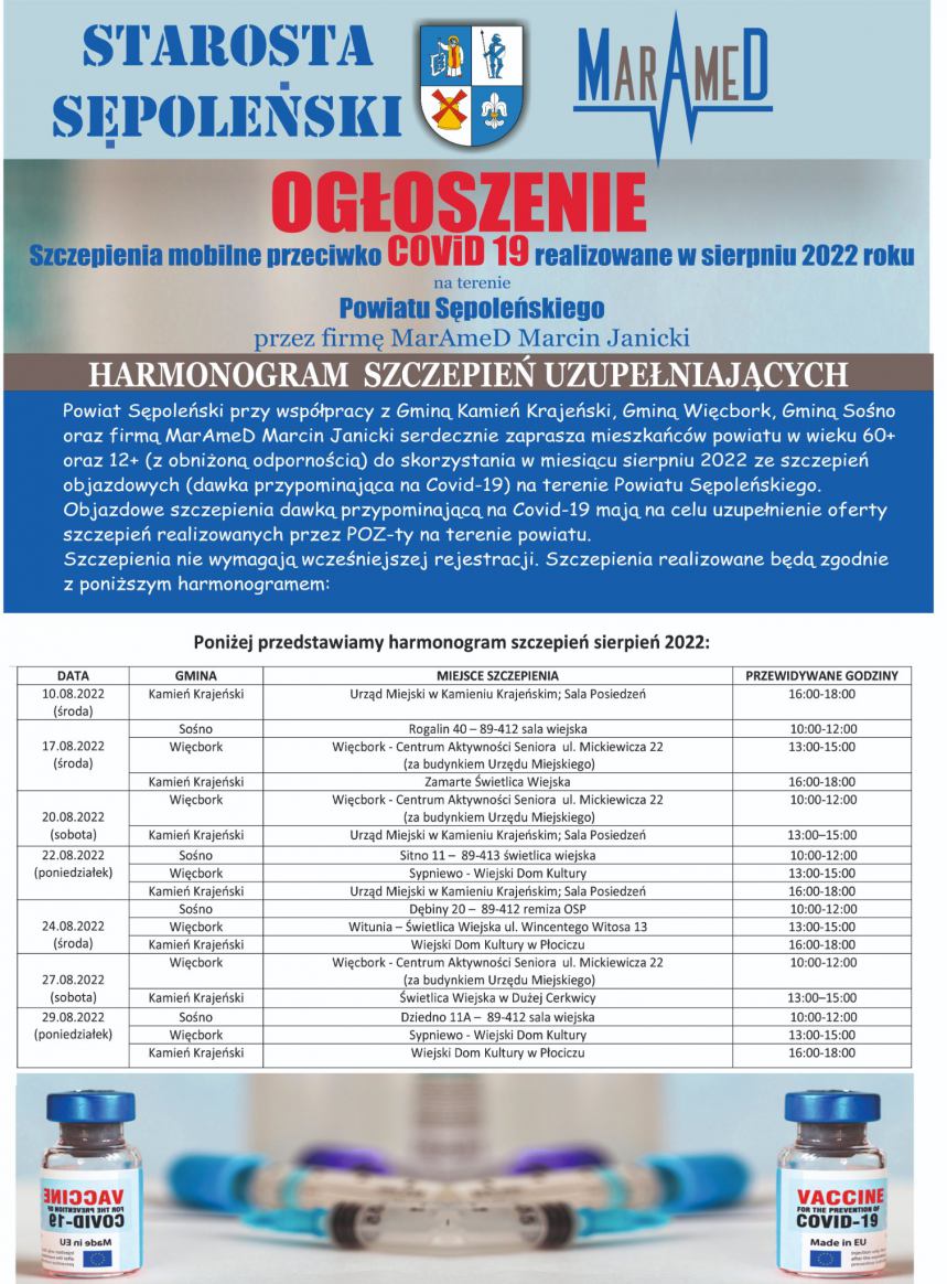 Władze powiatu sępoleńskiego uruchamiają od dziś 17.08 mobilne punkty szczepień przeciwko Covid19