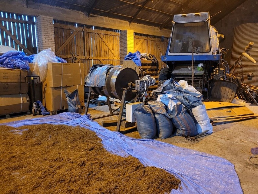 7,5 tony nielegalnego tytoniu znaleźli sępoleńscy kryminalni wraz z policją skarbową w stodole w gminie Sępólno FOTO