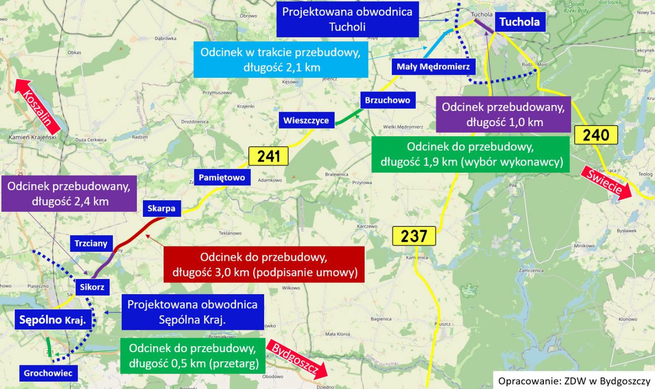 Remont odcinka drogi wojewódzkiej 241 relacji Sępólno Krajeńskie - Tuchola może się rozpocząć w każdej chwili