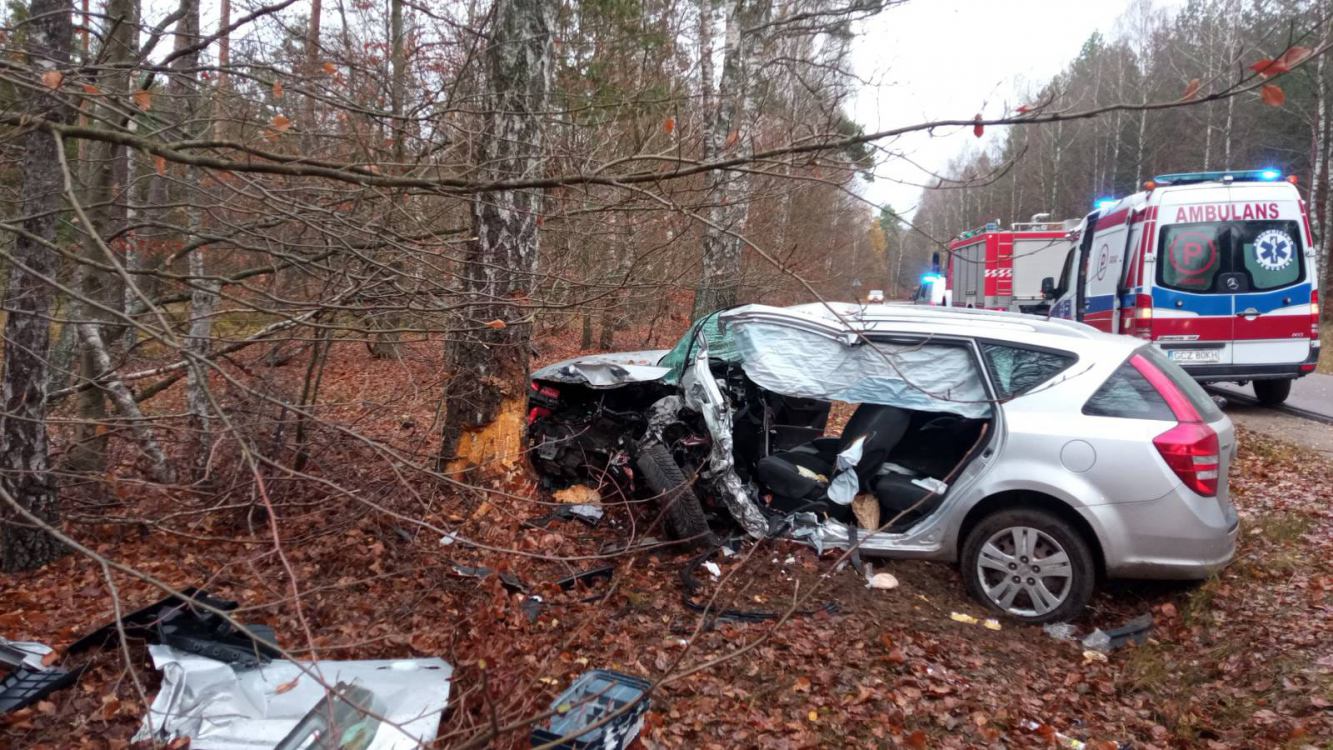 Samochód osobowy uderzył w drzewo na trasie Koczała - Wilkowo. Jedna osoba była zakleszczona w aucie AKTUALIZACJA