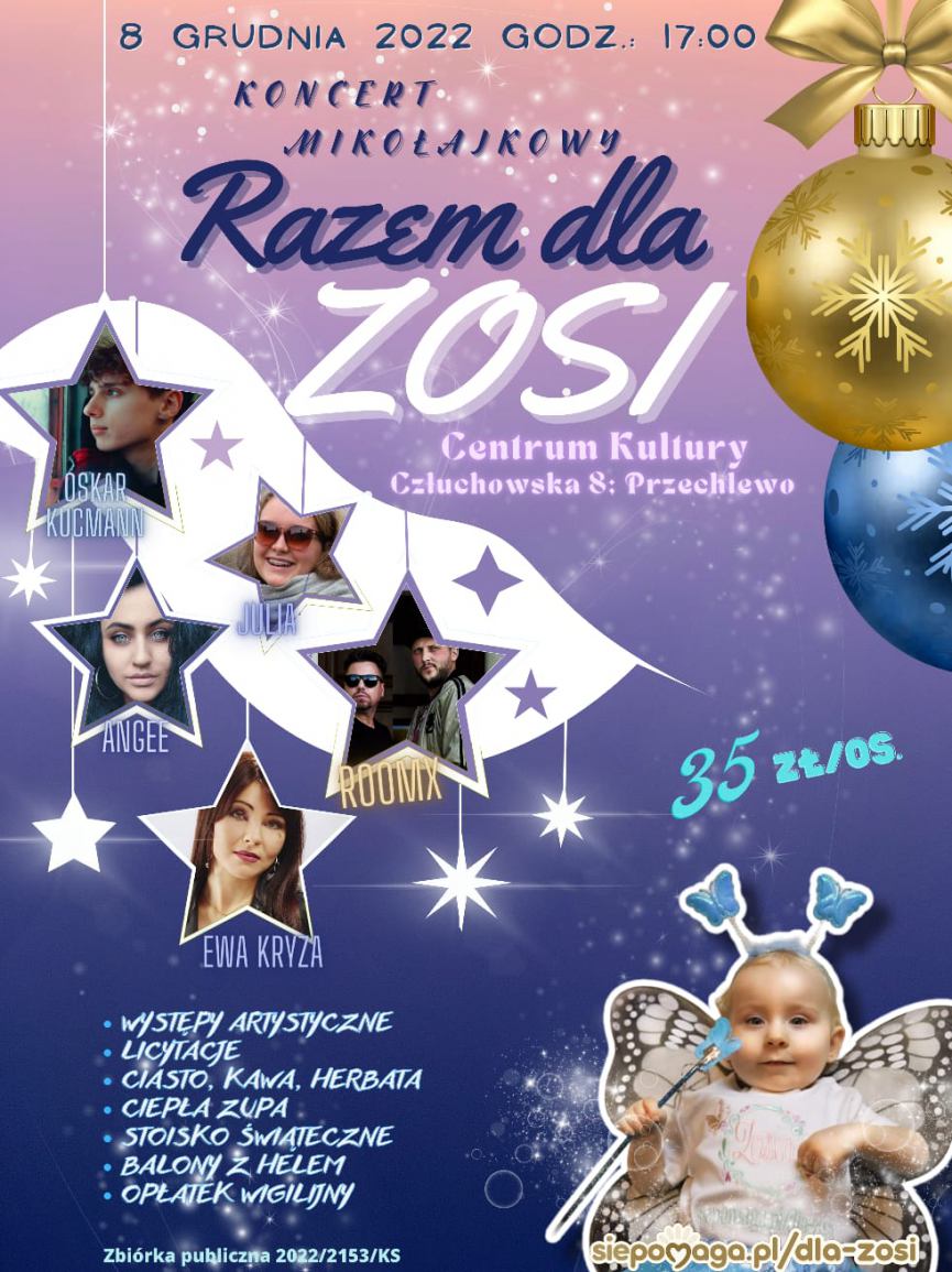 Dziś 8.12. w Przechlewie charytatywny koncert mikołajkowy na rzecz chorej na SMA Zosi Szcześniewskiej z Wałdowa