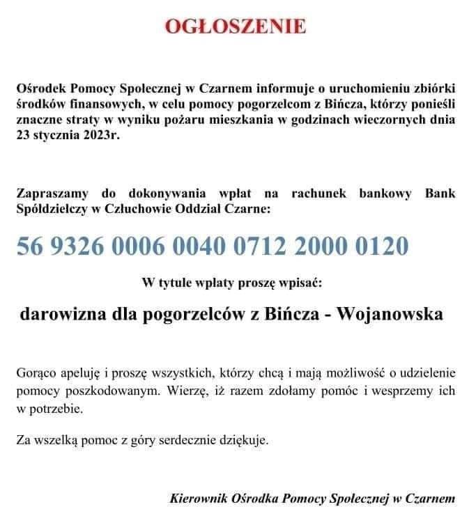 Ruszyła akcja pomocy dla pogorzelców z Bińcza, w gminie Czarne. 