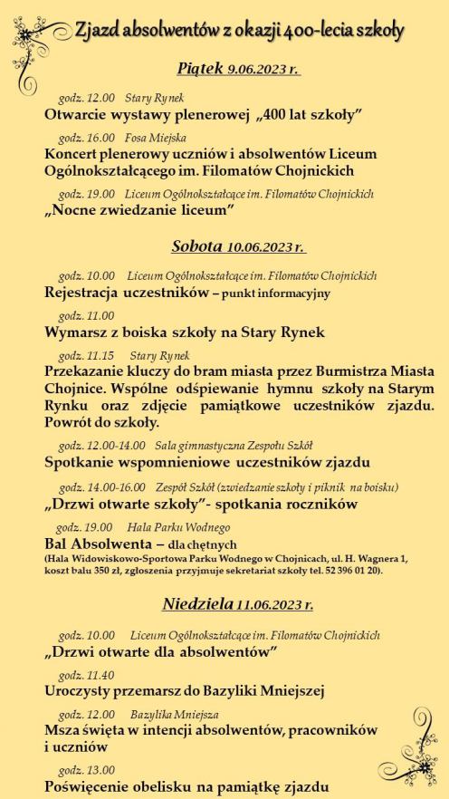 Liceum im. Filomat&oacute;w Chojnickich w Chojnicach organizuje zjazd absolwent&oacute;w z okazji 400-lecia istnienia szkoły