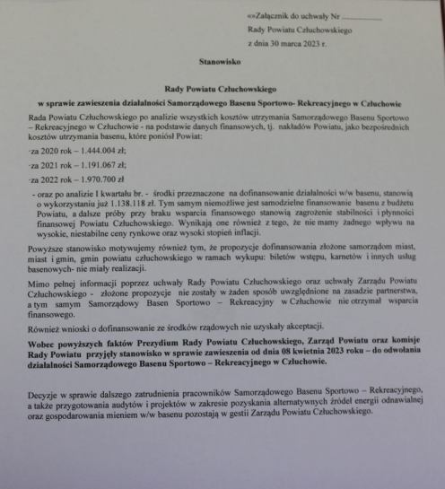 Kolejne podejście do zawieszenia działalności człuchowskiego basenu. Ma zostać zamknięty 8 kwietnia