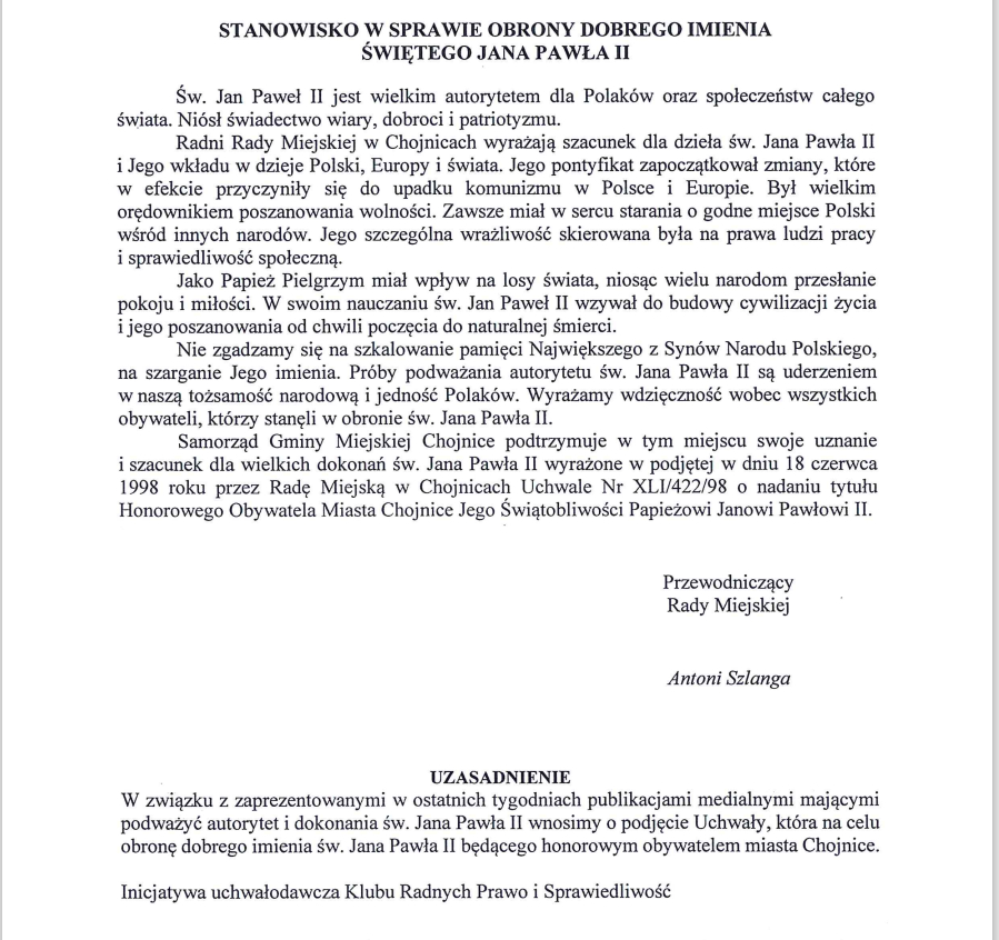 Chojniccy radni przyjęli stanowisko w sprawie obrony dobrego imienia Jana Pawła II