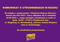 W związku z "Chojnickim Biegiem po Zdrowie -
Razem dla Poli 2023" mogą dziś (18.06) wystąpić utrudnienia w ruchu 