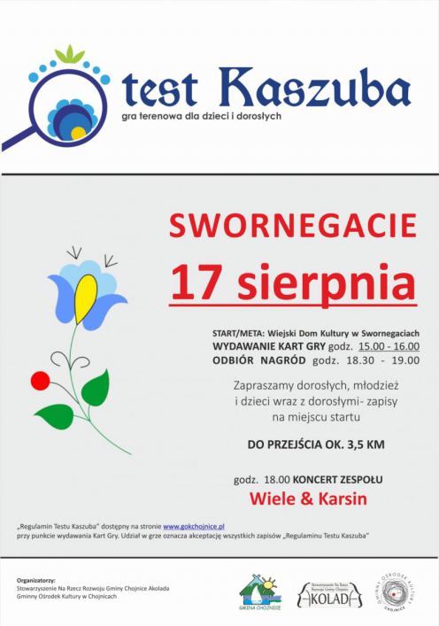 Gminny Ośrodek Kultury w Chojnicach zaprasza w czwartek do Swornegaci na grę terenową "Test Kaszuba"