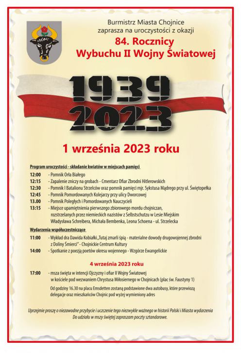 Dziś (1.09) w Chojnicach obchody 84. rocznicy wybuchu II wojny światowej