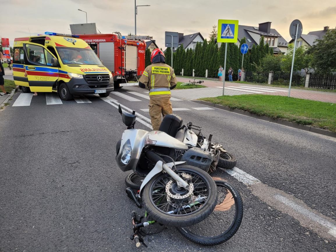Zderzenie motocykla z rowerem w Brusach. Na szczęście nikomu nie stało się nic poważnego