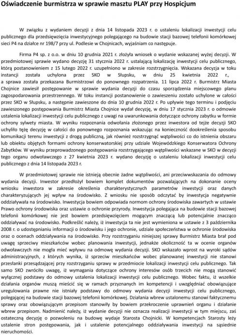Protest burmistrza Chojnic w sprawie lokalizacji masztu telefonii kom&oacute;rkowej przy hospicjum fundacji Palium odrzucony