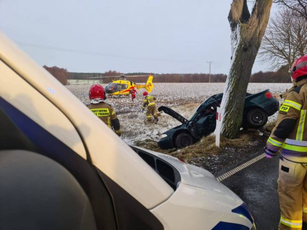 Audi uderzyło w drzewo. Poszkodowaną kierującą do szpitala przetransportowało Lotnicze Pogotowie Ratunkowe (FOTO)