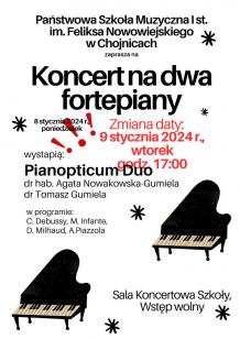 Dziś (9.01) w chojnickiej szkole muzycznej "Koncert na dwa fortepiany" w wykonaniu Pianopticum Duo
