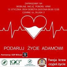 Jutro (13.01.) w Czarnem akcja zbiórki krwi na rzecz chorego Adama Sobiegraja - mieszkańca Domisławia